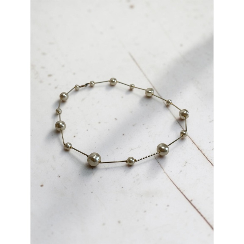 30" Faux Pearl Station Necklace Cream Gold Tone Bar Chain